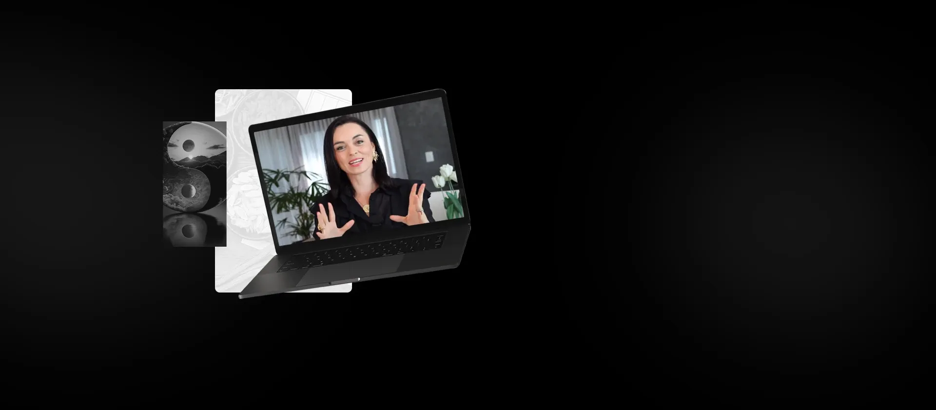 Mentora ministrando a aula ao vivo em um notebook, com ilustrações do símbolo yin e yang e de um prato ao fundo